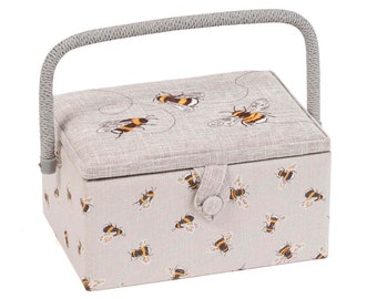 Honey Bee medium sewing basket with embroidered design, hobby storage box with plastic tray, pin cushion beelover gift HobbyGift