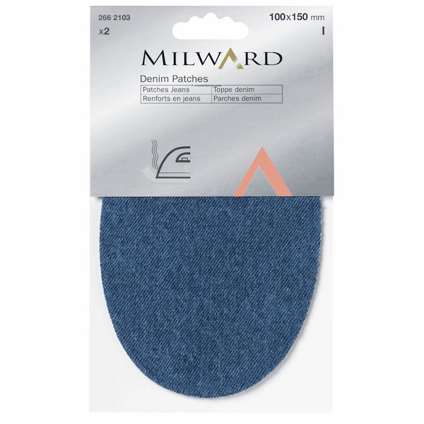 Denim patches, iron-on, 100% cotton, 100 x 150mm, 2-pack, Milward reinforcement jeans knees jackets elbow light mid dark blue