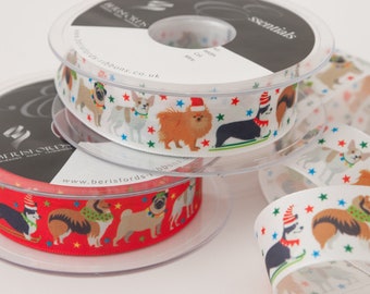 Grosgrain Christmas Dog Ribbon 1” 25mm wide - 5 metre, Doggie gift wrap for dog lovers