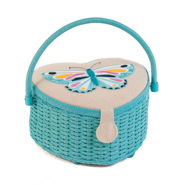 Heart Flutterby Appliqué Sewing Basket Medium HobbyGift  turquoise wicker box butterfly