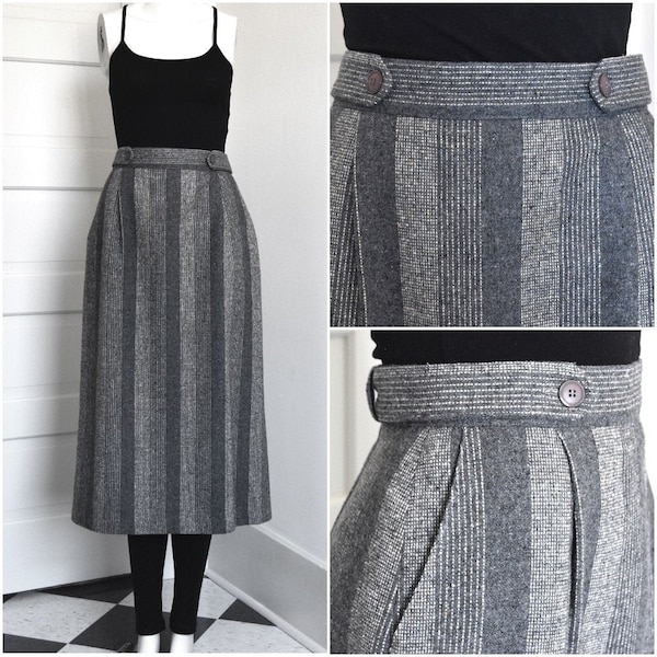 Gray Striped Wool Skirt | Back Kick Pleat, Pockets | Lined | Below Knee Length | Waist 28" | Tall Girl made in Canada