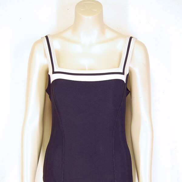 Vintage Square Neck Swimsuit | Baltex One Piece | Low-cut Back | Padded Cups | made in Canada | Size 14 Cup C/D | Retro Womens Bathing Suit