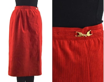 Vintage Red Ultrasuede® Skirt | Lined, Pinstripe | Front Slit, Gathered Waist, Below Knee | Waist 26.5 " | made in Canada