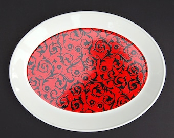 Mod Madrid Snowhite Serving Platter | White with Black Vines on Red, Mid Century Johnson Bros Brothers, Vintage Retro Dining, Dishes, China