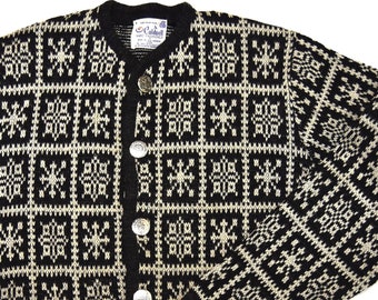 Heavy Wool Cardigan | Black & White Snowflakes | Front Button Ski Sweater | by Caldwell  Made in Canada | Mens M or Women's L