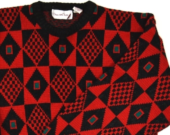 80s Geometric Pullover Sweater | Red Black Green Acrylic | Retro Hipster |Mens Size Large