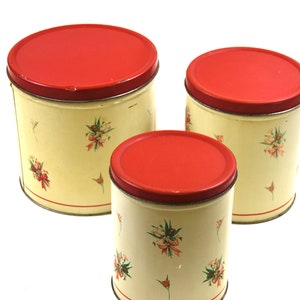 Cream Floral Canister Set, Red Lids | Empco | Tulips with Bows | Farm House Cottage Kitchen | Tin Storage