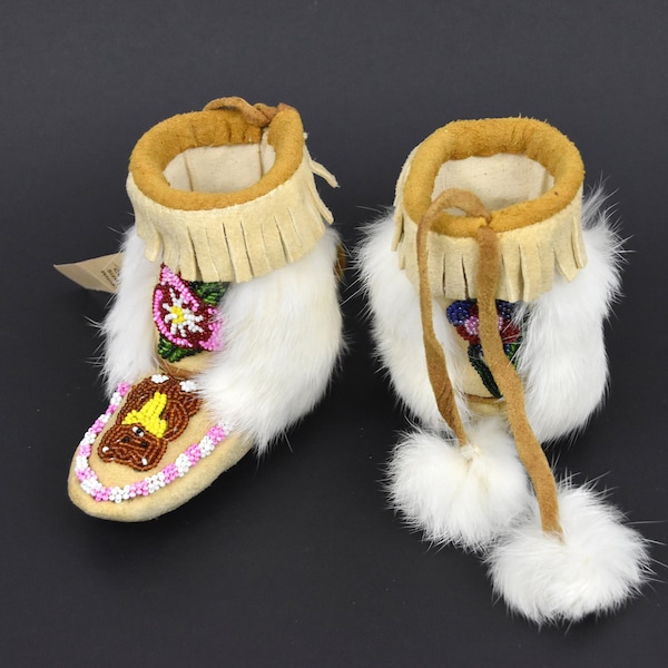 Childs Beaded Mukluks with Rabbit Fur Pompoms | Baby Toddler |  New NOS | Yukon Native Products