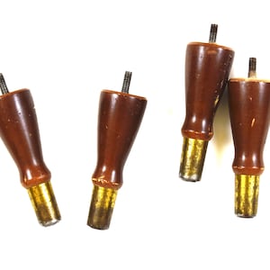 Four 5&quot; Wood Furniture Legs | Mid Century Short Tapered  | Walnut Finish Brass-Toned Ends | Metal Slides