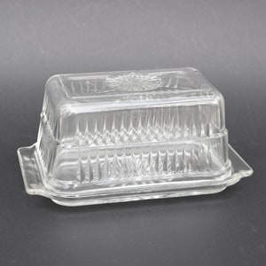 Vintage Federal Butter Dish with Lid or Plate | Ribbed Sunburst Pattern | Rectangular Refrigerator Storage | Pressed Glass