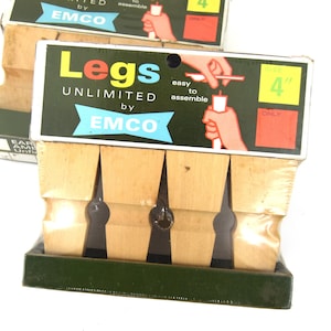 Four 4&quot; Square Tapered Wood Furniture Legs with Mounting Hardware | MCM, Turned, Unfinished Wood | Original Packaging