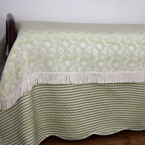 Pale Green Fringed Daybed Coverlet or Throw | Embossed Floral Motif | Single Bedspread | 94" L x 62" W