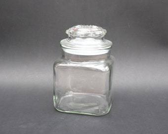 Vintage 6.5" H Clear Glass Jar with Lid | Anchor Hocking | Medium Square Canister | Retro Apothecary Container| Candy Jar