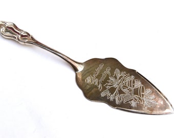 Silver Plated Christmas Cake Server | 'Merry Christmas' Inscription | Tarnished Patina | Shabby Decor