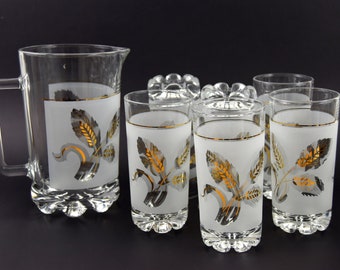 MCM Pitcher + 6 Frosted Highball Glasses | Gold Wheat Sheaves | Retro Barware | MCM Cocktail Glasses | made in Italy