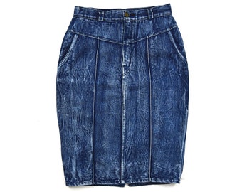 Vintage Acid Wash Jean Skirt | Waist 26" | Tapered, Knee Length, Back Slit | Front Pockets, Zipper, Seam Detail | Retro Faded Denim