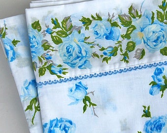 Vintage Blue Floral Full/Double Flat Sheet by Texmade Lace Trim Cotton Polyester Made in Montreal, Canada 70s 80s Retro Bedding