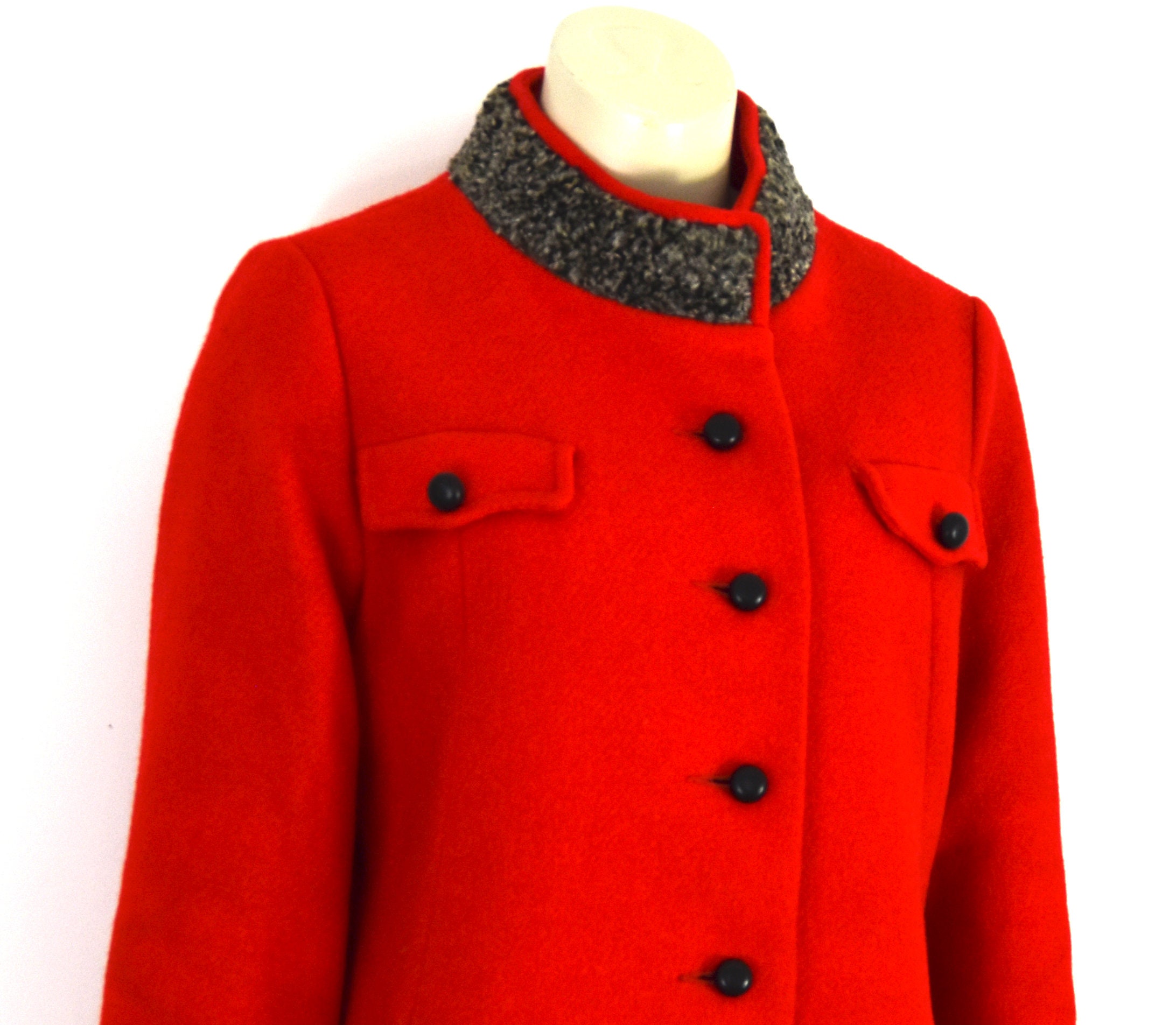 60s Red Wool Winter Coat Shearling Trim Knee Length A Etsy