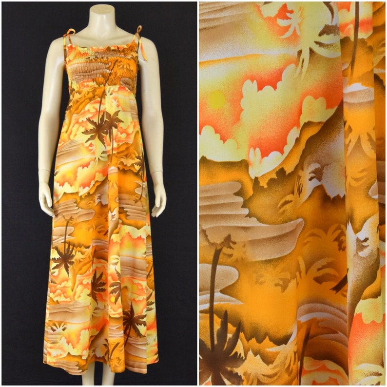 Yellow Shirred Bodice Made in Hawaii Orange Size Medium Summer Maxi Dress Brown Sundress 70s Hawaiian Dress