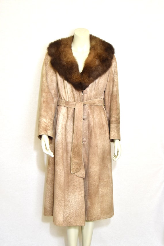Vintage Beige Suede Coat Fox Fur Collar | Belted … - image 2