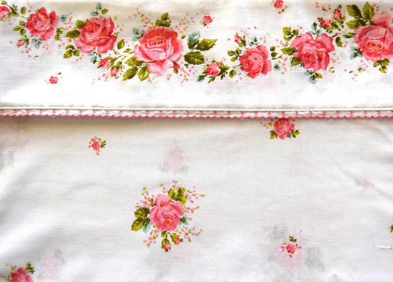 Cotton Poly BedSheet Double Flat Pink floral on White Vintage NEW Full Retro Heritage Bedding