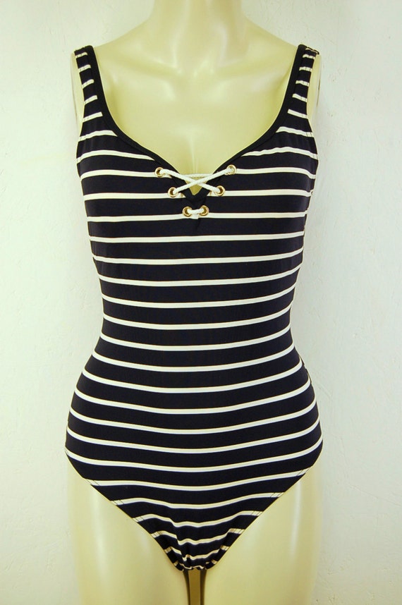 blue white striped swimsuit