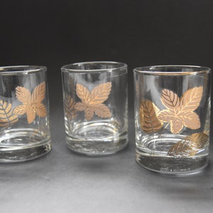 3 Gold Leaf Whiskey Glasses | Leaf Motif | Mid Century Drinking Glasses | Retro Barware, Cocktail Glassware | 6 oz