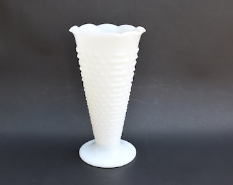 9.5" White Milk Glass Hobnail Vase | Ruffled  Edge | Tapered, Trumpet | Tall & Large