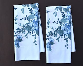 2 Blue Floral Pillowcases | Light Blue 80s Springmaid Linens |  Pair New Unused Retro NOS