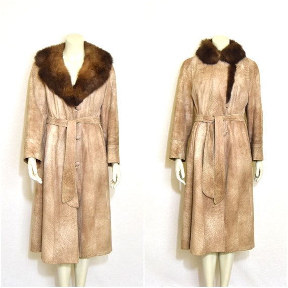 Vintage Beige Suede Coat Fox Fur Collar | Belted … - image 1