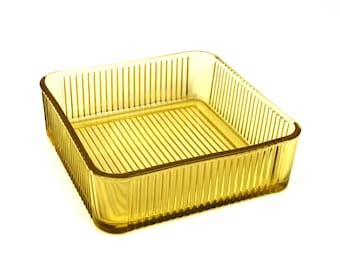 Federal Square Amber Refrigerator Dish | Ribbed, Kitchen Bathroom Storage | Art Deco Pressed Glass