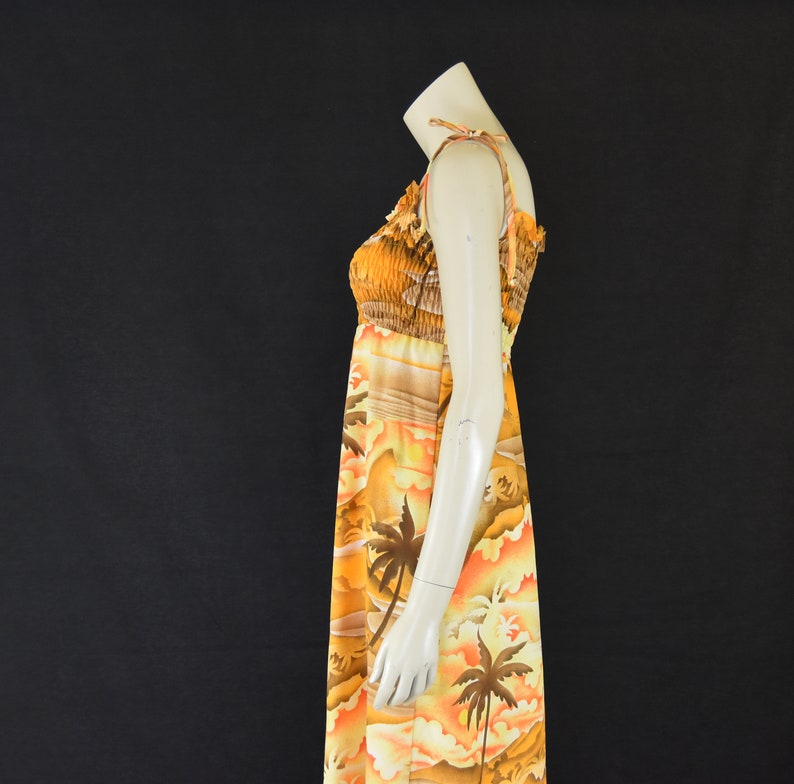 Yellow Shirred Bodice Made in Hawaii Orange Size Medium Summer Maxi Dress Brown Sundress 70s Hawaiian Dress