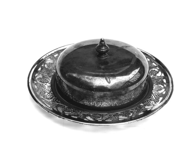 Vintage Silver Plate Covered Butter Dish Round Glass Insert Viking