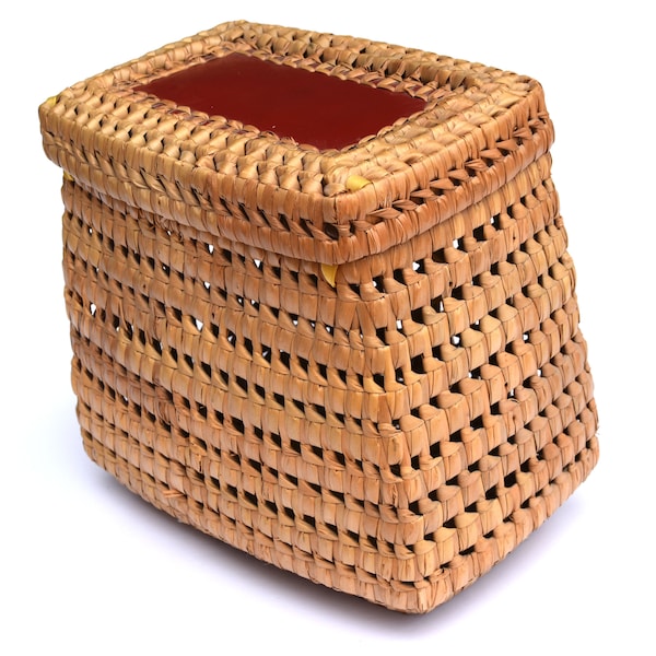 Vintage Rectangular Wicker Sewing Basket with Red Lid & Pincushion | Tall Lidded Deep Raffia Basket | Retro Storage