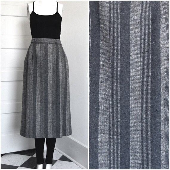 Gray Striped Wool Skirt Back Kick Pleat, Pockets Lined Below Knee  