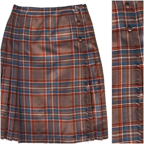 Vintage Brown Plaid Kilt | Retro Pleated Wrap Skir