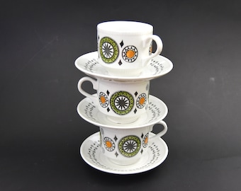 3 Sets 'Renaissance' Cups & Saucers | Broadhurst Ironstone | Mod Geometric Motif