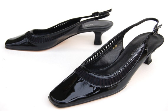 black patent leather slingback shoes