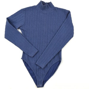 Vintage Periwinkle Mock Turtleneck Bodysuit | Cable Knit Retro Pullover | Size Medium