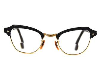 Montatura per occhiali da vista vintage Cat Eye / Montatura nera a metà, metallo dorato / Dettaglio di diamanti agli angoli