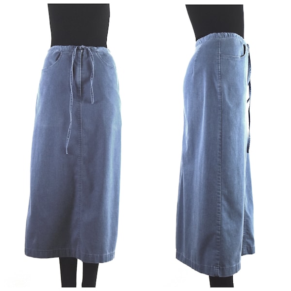 Tilley Utility Travel Skirt | Drawstring Waist 30", Denim Look | Angle Pockets, Front Zipper, High Back Slit