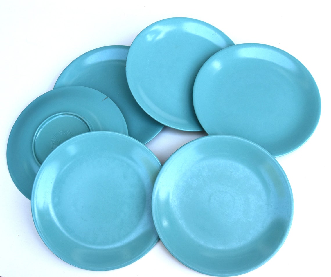 7 Turquoise Melmac Dishes Small Plates Sugar Bowl Aqua Etsy