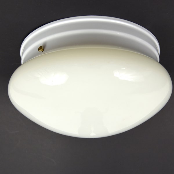 Vintage 9 3/4" D Mushroom Ceiling Fixture + Nickel Fitting | Flush Mount, White Milk Glass | Ceiling Light Fixture