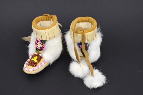 Childs Beaded Mukluks with Rabbit Fur Pompoms | B… - image 1