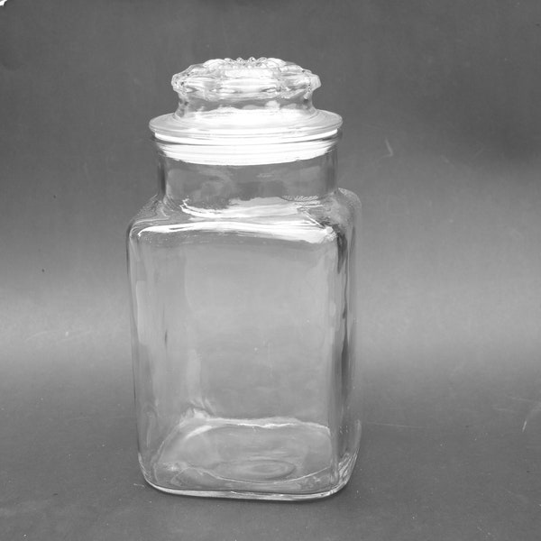 Vintage 9,25" H helderglazen pot met deksel | Anker Hocking | Grote vierkante glazen bus | Retro apothekerscontainer | Snoeppot