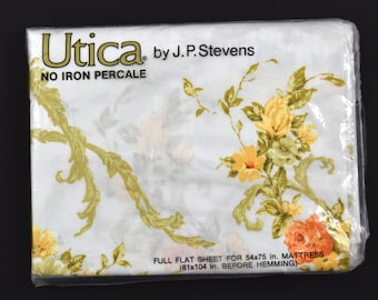 Canterbury Floral Double Full Flat Sheet | Orange Green Yellow on White | Utica No Iron Percale by J.P. Stevens | made in USA