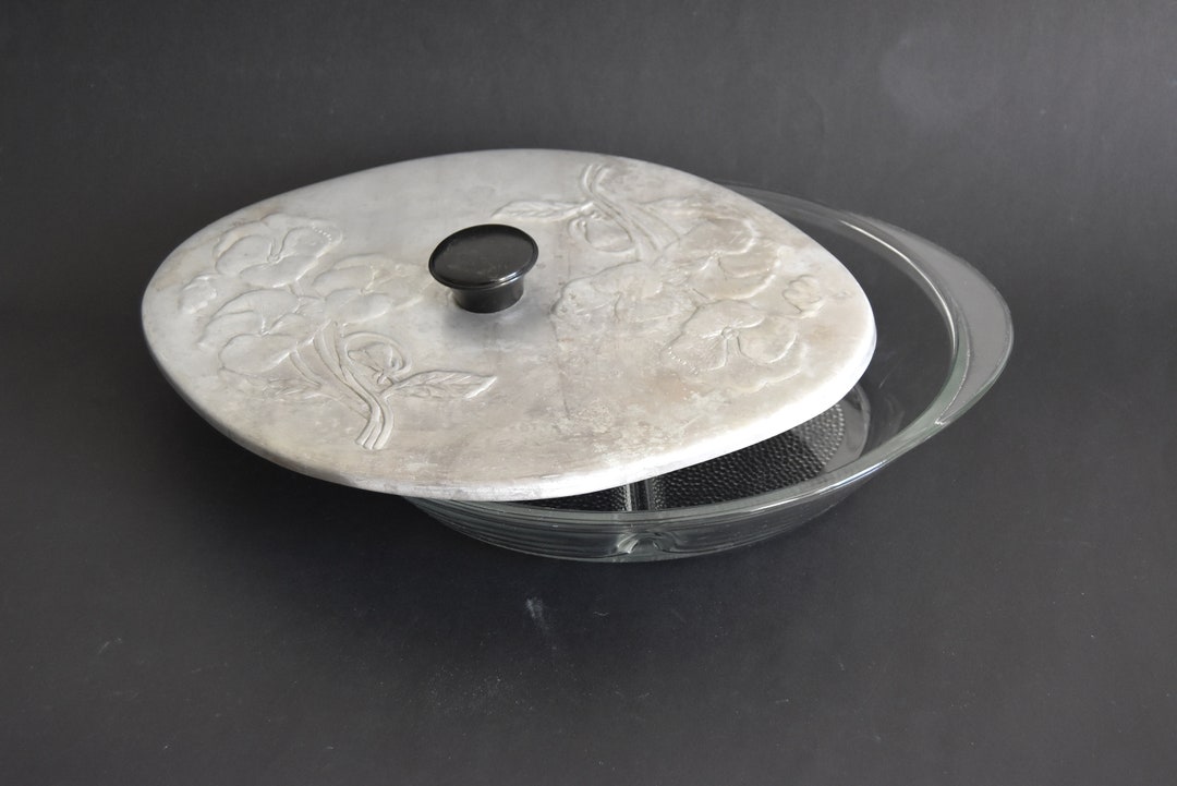 Divided Glass Dish Lid Glasbake Oval Casserole, Aluminum Lid Art Deco
