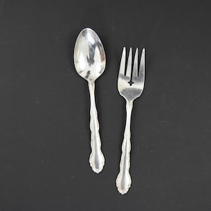 Oneida &#39;Flirtation&#39; Serving Spoon + Fork | Retro Silver Plate Cutlery Utensils