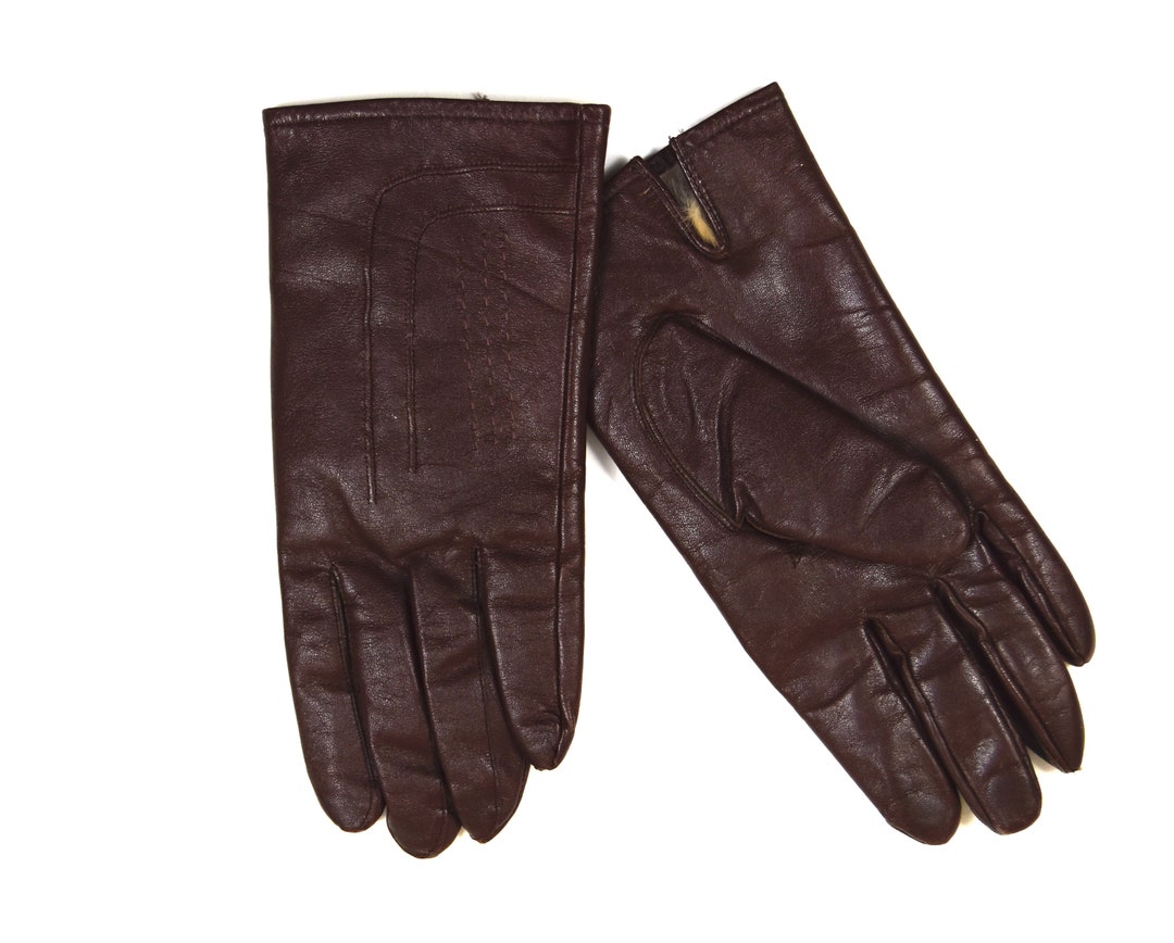 Women's Vintage Leather Gloves Rabbit Fur Lining Brown Etsy