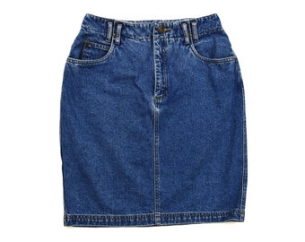 Vintage Short Denim Jean Skirt | No Waistband Waist 27" | Liz Wear, Tapered Above Knee  | Front & Back Pockets, Zipper | Retro Denim